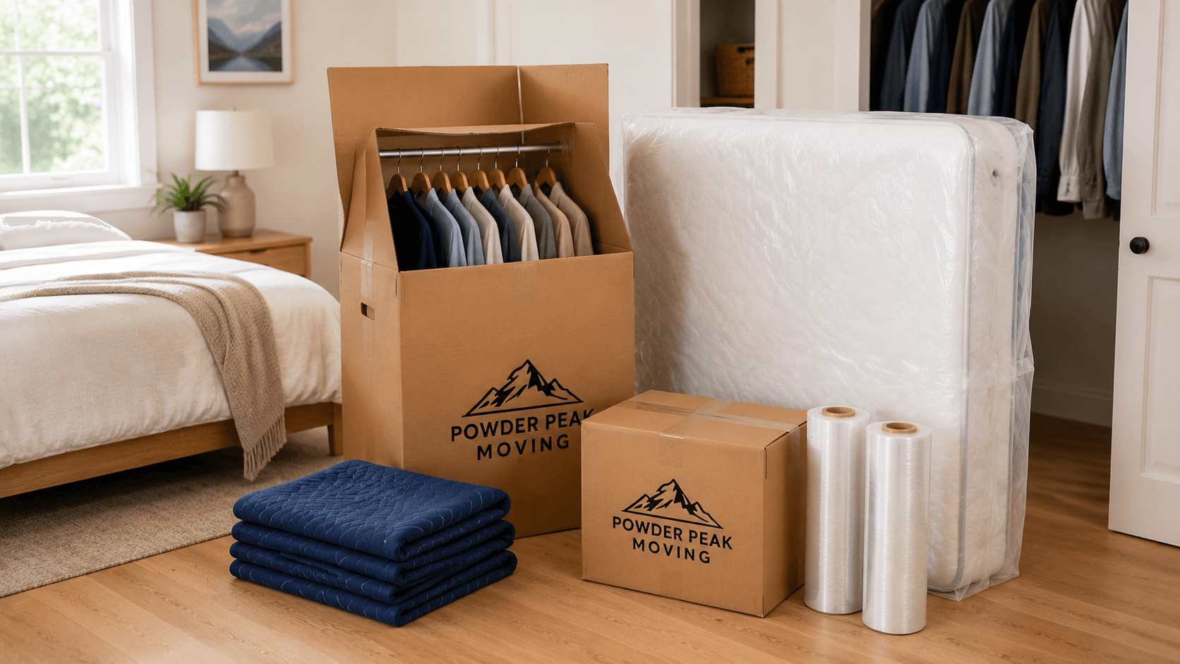 Wardrobe box, mattress bag, moving blankets, and stretch wrap in a bedroom