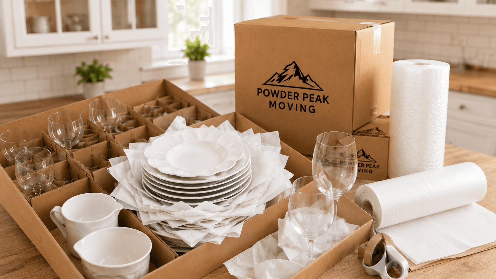 Kitchen dishes, glassware, boxes, and protective packing paper