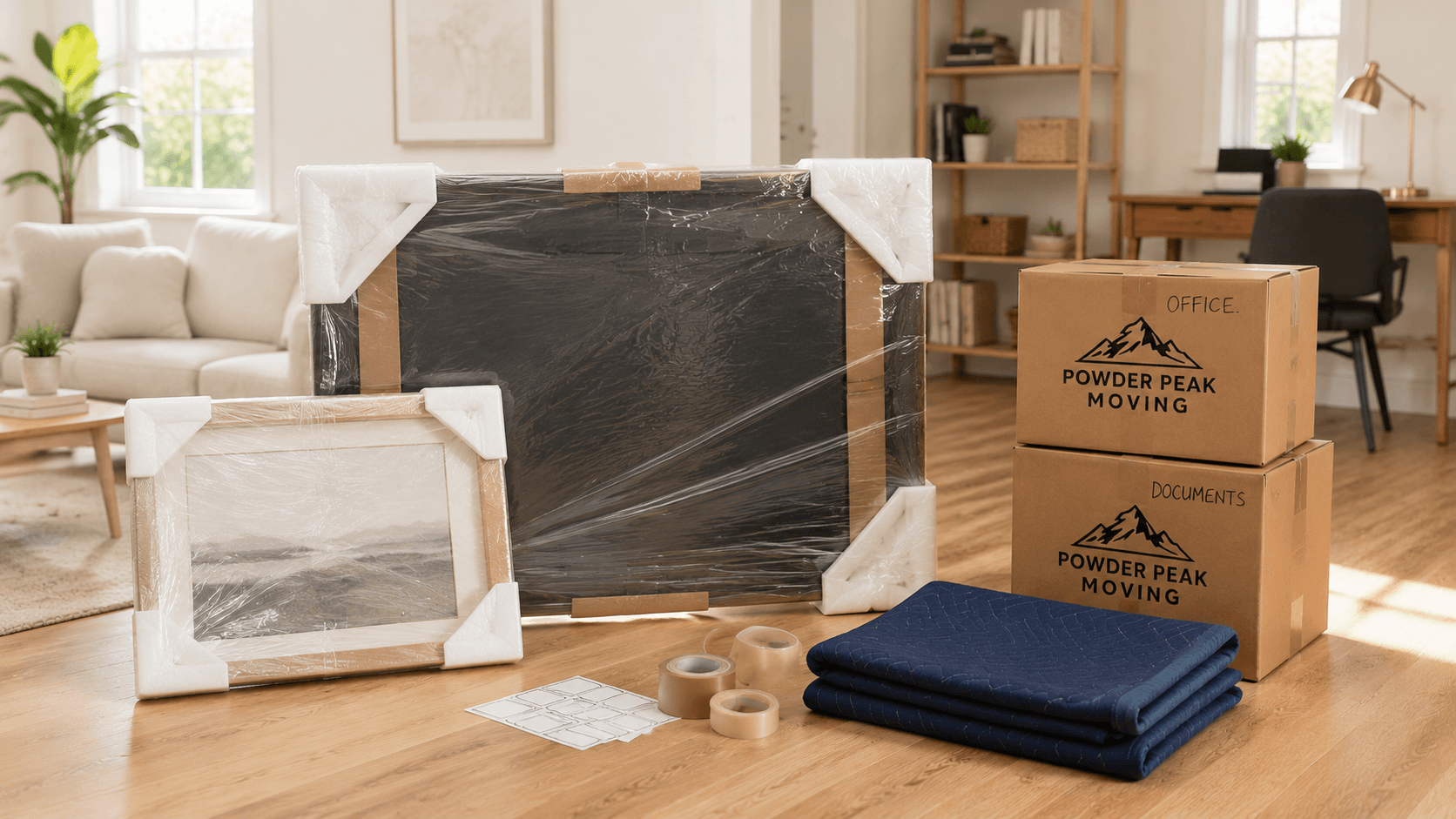 Protected television, artwork, office boxes, and moving blankets